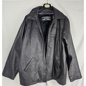 MICHAEL MICHELLE mens Black Heavy leather jacket LARGE *flaw*